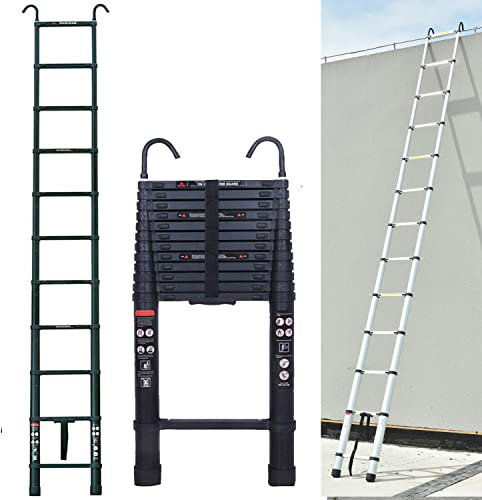 Scala telescopica in alluminio, 6,2 m, con 2 ganci, antiscivolo, allungabile, da appoggio, per interni ed esterni, 150 kg di portata, EN131, nero