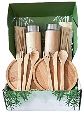 EcoLuxe Outdoor Road Trip Camping PIcnic Dinnerware Set for Two Bundle includes 2 bamboo plates, 2 thermos travel mug with tea infuser and 2 sets of 6 piece bamboo utensils in fabric case (18 items)