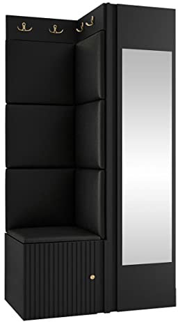 Mirjan24 Garderoben-Set Kirtan Slim XXVI, Kleiderschrank mit 2 Fächer und Spiegel, Schuhschrank mit 3 Fächer, 6 Doppelhaken, Gepolstertes Wandpaneel, Flurgarderobe Wandgarderobe (Schwarz, Soft 011)