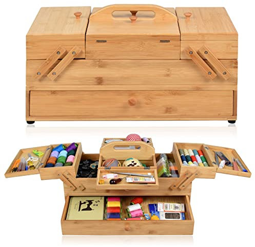 Adolfo Design Nähkästchen aus Holz, Organizer für Nähzubehör, Nähen, Basteln, Hobby, Aufbewahrungsbox, 3 Ebenen für Bastelwerkzeuge, Nadeln sortiert