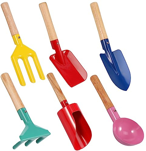 6Pcs Kids Gardening Tool Set Beach Toys for Kids Safe Beach Toys with Wooden Handle Metal Gardening Equipment Cylinder Pointed Shovel Flat Shovel Rake Spoon Fork for Outdoor Sand or Gardening