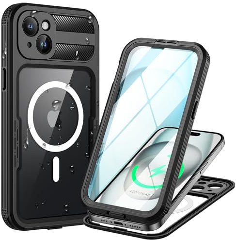 Lanhiem for iPhone 15 Plus Waterproof Case, [Compatible with MagSafe] Heavy Duty Shockproof Dustproof Cover with Screen Protector, Front and Back Magnetic Case for 15 Plus - 6.7 inch (Black)