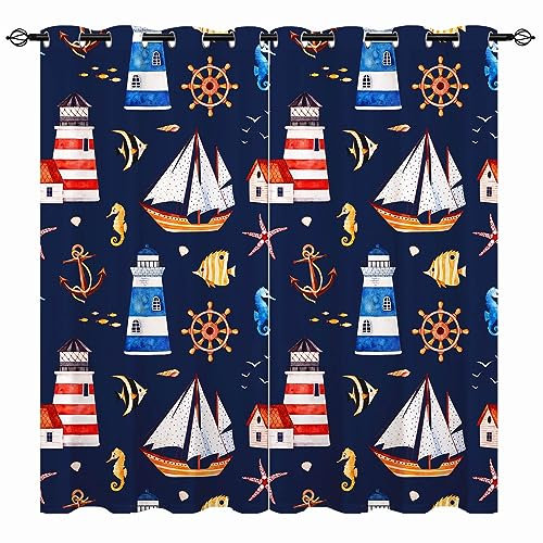 YUANZU Kinder Nautische Vorhänge Seestern Anker Fisch Ösen Gardinen mit Blickdichte Vorhang Kälteschutz Blackout Curtain Kinderzimmer Schlafzimmer Verdunkelung Fenster, 2 Stück, H 160 x B 106 cm