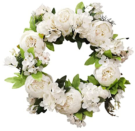belupai Corona de Primavera de Hortensias de 15.7 Pulgadas para Puerta Delantera, Corona Artificial Verde de Verano con Flores de Peonía, Corona de Flores de Seda Floreciente para Decoración(Blanco)