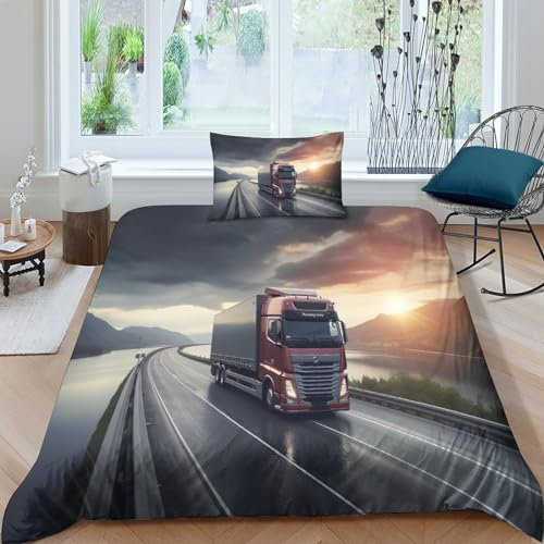OPSREY Lorries Bequem Bettwäsche-Set Personalisierter Trucks Steppdeckenbezug Set Mit Reißverschluss Bettbezug Set Microfaser Bettdeckenbezug Für Erwachsene Und Kinder Single（135x200cm）