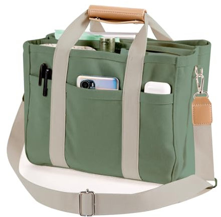 Qurlon Multi Pocket Tote Bag for Women CanvasBag with Handle Mommy Bag Large Cpacity Purse Reusable Handbag, Grün , Large