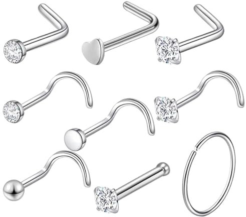 BZKSER Piercing Oreille - 9 pcs Bouchons de perçage de Nez, Anneau de Nez, Piercing de Nez, Clou de Nez en Spirale en Acier Chirurgical, Anneau de Cerceau de Nez, Bijoux de perçage de Nez