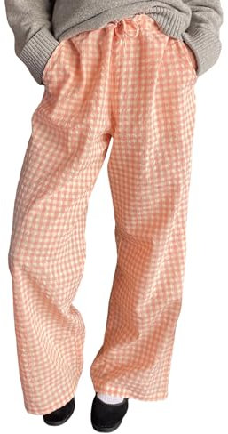 Y2K Vintage Elastic Waist Plaid Pants für Frauen, Casual Loose Trousers Perfect for Summer Streetwear (Orange, L)