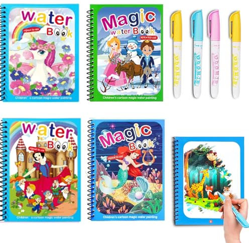 QXNDXQ Lot de 4 livres de coloriage à l'eau, carnet de coloriage magique pour enfants, réutilisable, avec 4 stylos à eau, pour enfants à partir de 3 ans, garçons et filles (2)