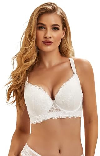 ohmydear Women's Underwired Push Up Bra Padded Lace T-Shirt Bra Ladies Full Coverage Comfort Everyday White Brassiere for Small Bust 34B