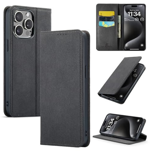 AKANTRA Alcantara Klapphülle für iPhone 14 Pro Max, handgefertigt, vollständig umwickelt, synthetisches Wildleder, magnetische Abdeckung, kompatibel mit kabellosem Magsafe Laden (Schwarz, iPhone 14