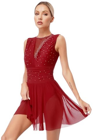 iEFiEL Damen Glitzer Eiskunstlauf Kleid Rückenfrei Tanzkleid Tanzanzug Ärmellose Trikotanzug Gymnastikanzug Tanzbody Burgundy L
