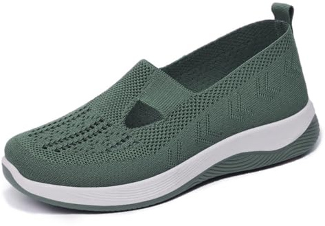 Women's Woven Orthopedic Breathable Soft Sole Shoes Walking Slip on Shoes Hands Free Slip in Casual Sneakers Arch Support Stretch Shoes Green