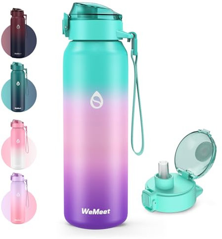 WEMEET Gourde en acier inoxydable 18/10 avec paille amovible - 700 ml -Anti-fuite, sans BPA - Pour l'extérieur, le travail, le sport, l'école, la salle de sport (vert, rose, violet)