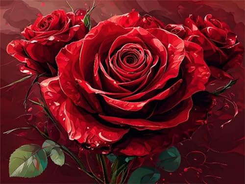 Rote Rosen Malen Nach Zahlen, DIY Set Erwachsene Malen Nach Zahlen Schipper, auf Leinwand Acrylmalerei Nach Zahlen mit 3 Pinsel und Acrylfarben Basteln Mädchen Geschenk 40x50cm (Rahmenlos) I-7974