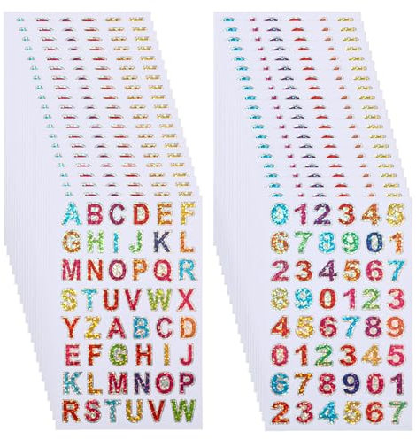 Bewudy 40 Blätter Buchstaben Aufkleber Zahlenaufkleber, Glitzer Klebebuchstaben Nummern Aufkleber Bunte Buchstabenaufkleber Selbstklebende Letter Sticker für DIY Scrapbooking Dekorationskunst