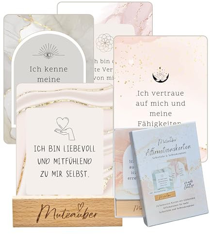 Mutzauber® 24 Affirmationskarten inkl. Geschenkbox + Holzaufsteller Motivationskarten Achtsamkeit für Erwachsene mit Schwerpunkt Selbstliebe & Selbstbewusstsein (Selbstliebe & Selbstakzeptanz)