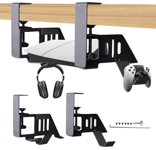YIBEICO No-Drill Under Desk Mount for Ps5 Slim Digital/Ps5 Slim Disc/Ps5 Digital Edition,Hooks for Game Controllers and Headphones,with Clamp Mount, Screw and Eva Foam for Ps5 Digital Console