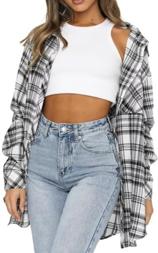 LACOZY Womens Flannel Plaid Shirt Button Up Causal Shacket Oversized Flannel Shirt Black Buffalo Plaid Blouse Long Sleeve Loose Tunic Tops White S