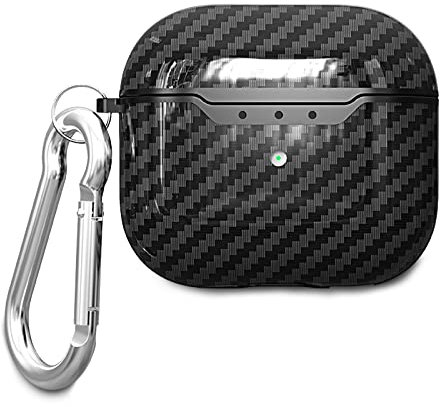 AKABEILA Custodia per AirPods 4 2024 Custodia con moschettone, TPU Struttura in fibra di carbonio AirPods 4 Generazione Custodia di ricarica Cover LED frontale visibile