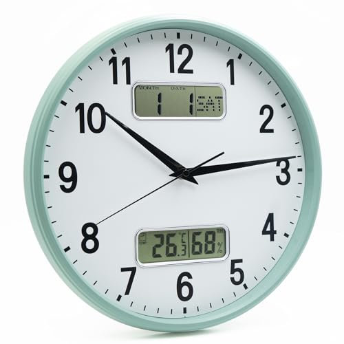 HZDHCLH 33cm Funkuhr Digitale, Anzeige von Temperatur, Luftfeuchtigkeit, Kalender, Modernes Design, Geeignet Für Zuhause, Büro, Schule(mintgrün)