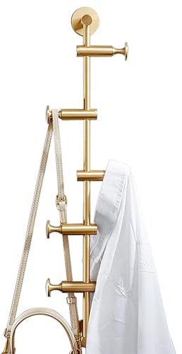 DOUZIO Wall Mounted Coat Rack Vertical 5 Swivel Brass Coat Hooks Bedroom Entryway Space-Saving Hooks Clothes Keys Bags Umbrellas Hooks(Color:Gold)
