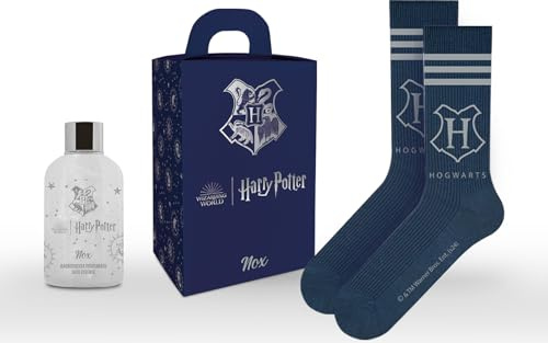 Harry Potter NOX Geschenkset – 300 ml Glitzer-Duschgel + Hogwarts-Fansocken | Mystischer Duft mit Mandel, Kakao, Kokos, Vanille & Tonkabohne, dazu weiche Hogwarts-Socken für Filmabende & kalte Tage