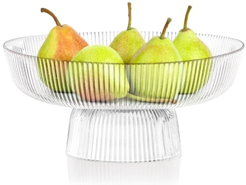 ZOOFOX Fruit Bowl for Kitchen Counter, Large Decorative Glass Bowl with Pedestal, Ribbed Pedestal Bowl for Fruit, Vegetable, Salad and Dessert, Key Bowl for Entry Table