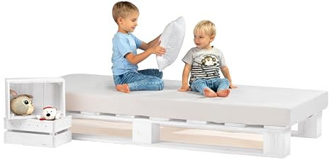 Lermowood Palettenbett M1 aus Holz 80 x 200 cm Weiß mit Lattenrost Holzbett 20cm Stabiles Seniorenbett Kinderbett Jugendbett Gästebett erhöhtes Einzelbett Bettgestell Futonbett Komforthöhe