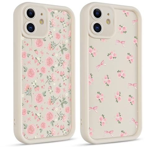 Coiwxmoi 2 Stück Handyhülle für iPhone 12 Mini Hülle, Aesthetic Blumen Flower Muster Design Mädchen Frauen Schutzhülle, Silikon Stoßfest Cover Valentin Valentinstag Case für iPhone 12 Mini 5,4, Rosa