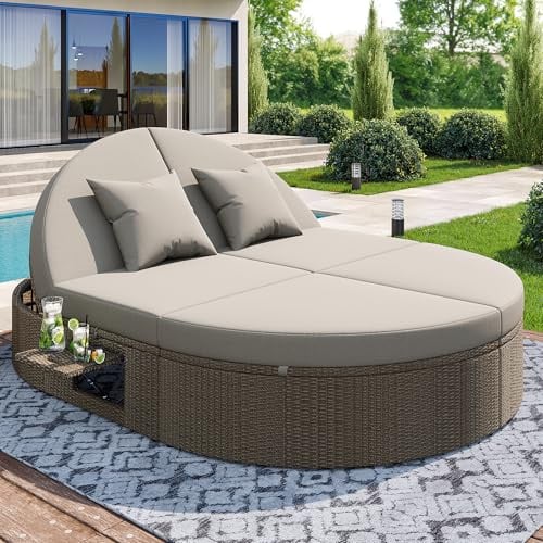 KUAKE Rattan Doppel-Liege, Outdoor Daybed für 2 Personen, Verstellbare Rückenlehne, Gartenliege mit seitlichem Regal und Klapptisch, Garten Relaxliege, Wetterbeständig