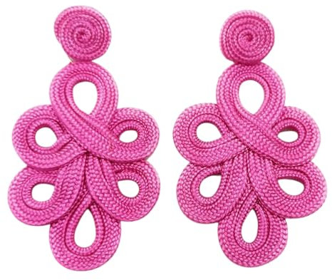MAJALE Pendientes Mujer Largos Flamenca Obsequio San Valentín - Pendientes Ligeros de Boda, Fiesta, Sevillanos para Ocasiones Especiales - Pendientes Pasamaneria Estilo Cordón de Seda (Rosa-Fucsia)