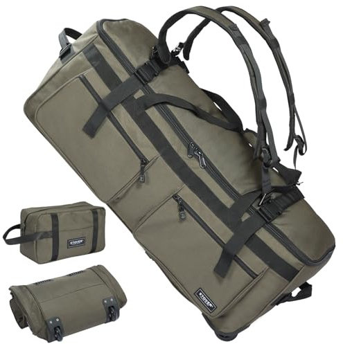 STOVER 45/80/100L Rolling Duffel Bag with Wheels, Large Durable Travel Duffle with Toiletry Bag, Heavy Duty, Packable with Shoulder Straps- Use as Luggage or Backpack, Men Women, U-Zip Green, Rolling