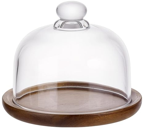 NBEADS Mini Acacia Wooden Cake Stand with Glass Dome, Clear Glass Bell Jar Cover, 15.5x12.5cm