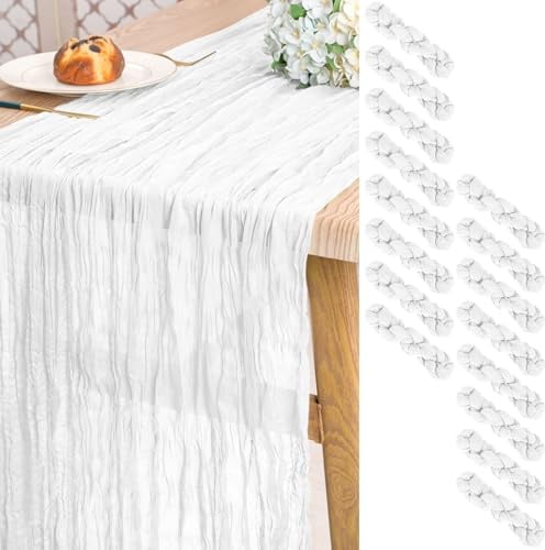 Pesonlook 16 Stück Weiß Käsetuch Tischläufer für Hochzeit,55 x 300 cm | 3 m lang, rustikale Gaze Boho-Stil halbtransparent Hochzeits Seihtuch Tischläufer für Hochzeit, Brautparty, Party, Bankett