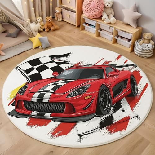 MIATCENRT Illustration Teppich Rund 120cm, Waschbare Teppiche, Rot Weiß Runder Teppiche Farbecht, rutschfest Carpet, Sportwagen Zielflagge Bedruckter Teppich Schlafzimmer, Kinderzimmer
