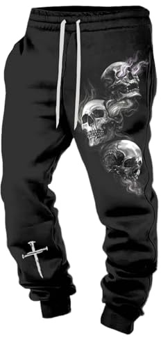 Generisch Herren Jogginghose mit Totenkopf-Motiv - Freizeithose mit rauchenden Schädeln und Kreuz im 3D-Druck | Düstere Gothic- und Biker-Hose für Männer