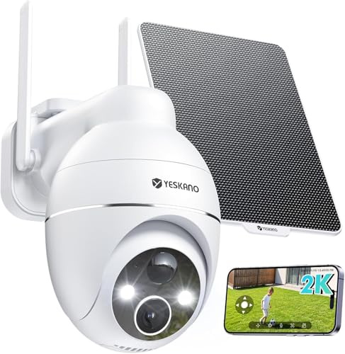 YESKANO 2K Überwachungskamera Aussen Akku Solar, Kabellos 2,4GHz WLAN Outdoor Kamera, 360° PTZ Kamera Überwachung Aussen, Farbnachtsicht, PIR-Erkennung, Zwei-Wege-Audio IP66 (weiß)