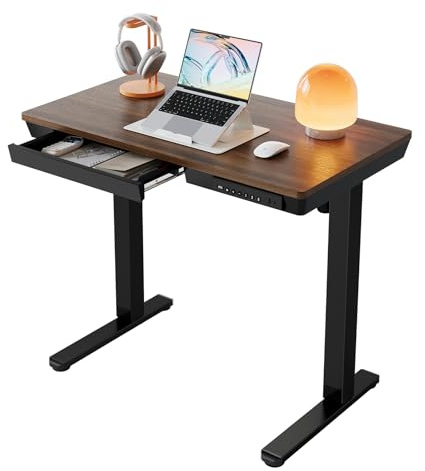 HUANUO ONE PIECE Electric Standing Desk, Height Adjustable Desk with Drawer, 88 x 50cm, Sit Stand Desk with USB Charging Ports & 3 Memory Height Settings, Black Walnut Wood, Home Office
