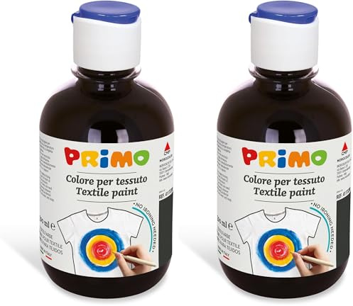 Primo Textilfarbe | permanente Stoff-Mal-Farbe in 300 ml Flasche mit Dosierverschluss | Waschmaschinenfest | Airbrush-fähig (schwarz) (Packung mit 2)