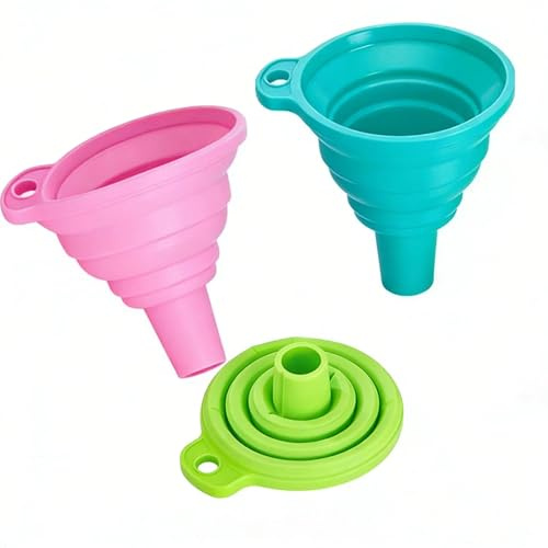 3 Pcs Collapsible Funnel, Silicone Travel Funnels for Filling Bottles Containers Kitchen, Garage & Labs, Bottle Filing Essential Oil, Arts, Crafts, Sand(Pink, Green, Blue)