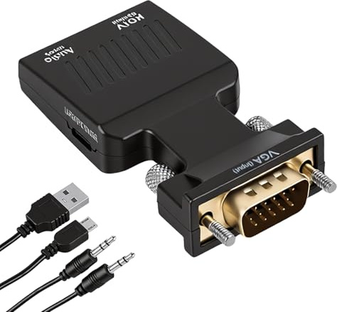 VGA auf HDMI Adapter mit Audio 1080p, VGA zu HDMI Konverter für PC, Laptop, Monitor und TV, Aktiver VGA auf HDMI Stecker, Unterstützt 720p/1080p, mit 3,5mm Audiokabel und Micro-USB für Stromversorgung