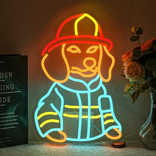 LULANMP Dachshund Feuerwehrmann Neon Schild Hund LED Schild Feuerwehr Leuchtreklame Tier Leuchtschild Dackel Neon licht für Schlafzimmer Feuerwache Männerhöhle Dekoration
