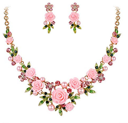 Ever Faith Women's Crystal Simulated Pearl Pink Rose Flower Leaf Necklace Pierced Earrings Set Gold-Tone