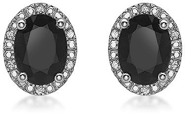CARISSIMA Damen-Ohrstecker Gold 9ct Diamond and Sapphire Cluster Stud Earrings 375 Weißgold Saphir schwarz Ovalschliff Diamant-5.58.926S