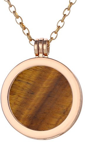 Morella Damen Halskette Gold 70 cm Edelstahl und Anhänger mit Edelstein Tigerauge Coin 33 mm Chakren Scheibe in Schmuckbeutel