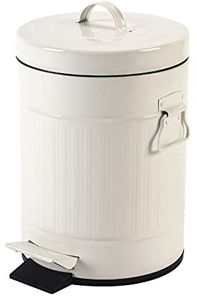 Bathroom Bin with Lid, Small White Wastebasket For Home Bedroom With Lid, Round, Soft Close, Retro Vintage Garbage Metal Bin For Office, 5 Liter / 1.3 Gallon, Cream White