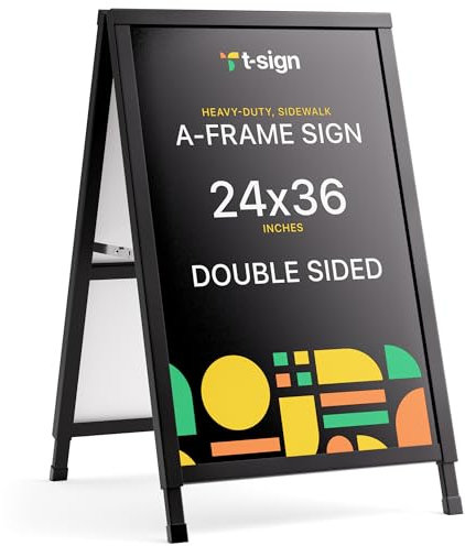 Panneau de trottoir extérieur avec cadre en A de 61 x 91,4 cm, en acier revêtu de noir, double face, support pliable coulissant, 2 tableaux d'affichage en plastique ondulé, support d'affichage