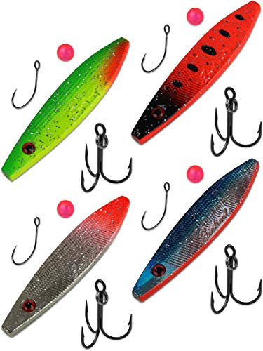 4 x Durchlaufblinker Set zum Angeln auf Meeresforelle, Hornhecht und Dorsch, inkl. Einzelhaken, Drilling und Schnurstopper