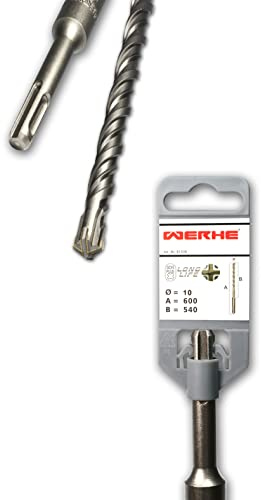 WERHE Betonbohrer SDS Plus 10x600mm, 4-Schneiden, für Beton und Ziegel | Hartmetallspitze, vibrationsarm, ideal bei Stahlbeton, Naturstein, doppelte Spirale zur Staubabfuhr, Arbeitslänge 540mm